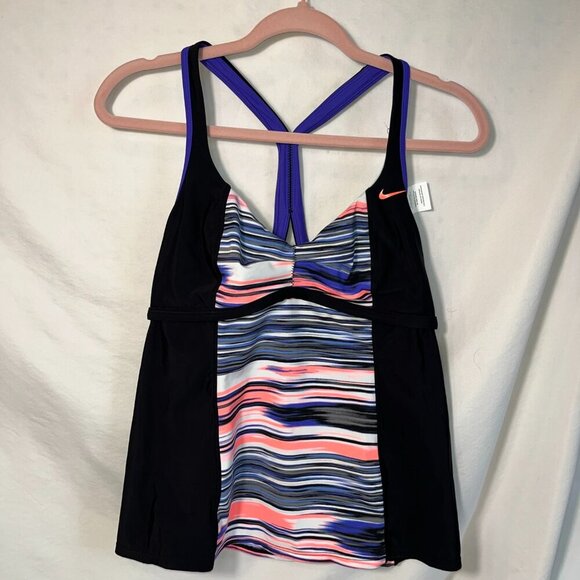 Nike Racerback Tankini /Swim Suit Top Sz 12 Black / Purple / Coral / Stripes - Picture 1 of 6